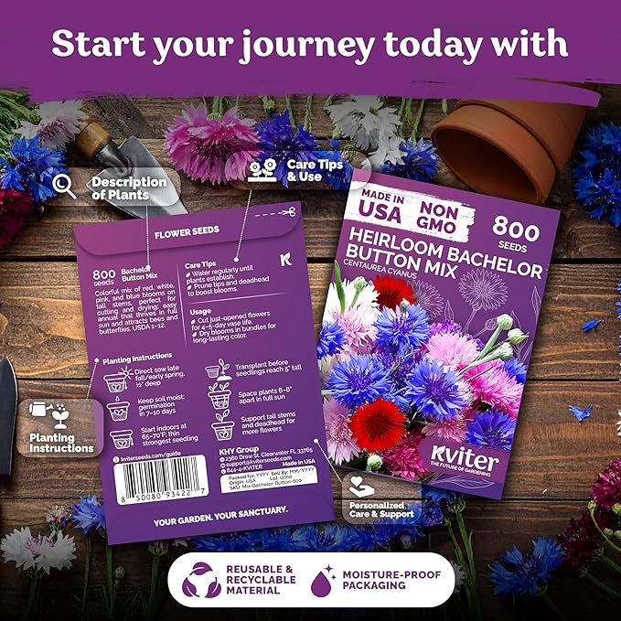 KVITER 800 Mix Bachelor Button Seeds (Centaurea cyanus) – Cornflower Seed Mix, Bachelor Buttons Wild Flowers Seed Packets – Blue Cut Flower Seeds for Planting Indoor & Outdoor Garden, Containers