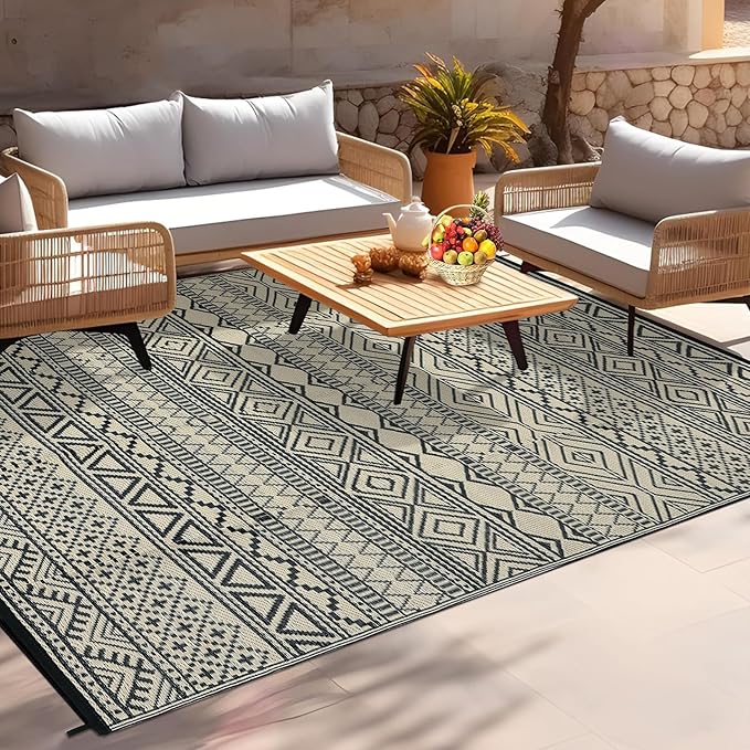 GarveeLife Outdoor Rugs 6x9 Waterproof Plastic Straw Rug, UV Resistant Rug Foldable Carpet Portable Lightweight Outdoor Mat for Backyard, Balcony, Garden, Camping, Black & Coffee