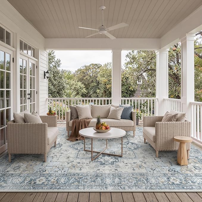 GENIMO Outdoor & Indoor Area Rug 10'x14', Waterproof, Non-Shedding, Easy Cleaning, Boho Mat for Patio, Living Room, Balcony, Dining Room, RV, Deck, Bedroom, Camping, Outside Carpet,Blue