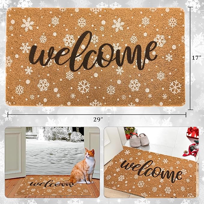 Winter Snowflake Welcome Mat Chirstmas Doormat Outside Entrance, Faux-Coir Seasonal Entryway-Rug Non-Slip Dirt-Trapping Thin Door Mat 17"x30" for Front Door, Indoor, Outdoor, Porch