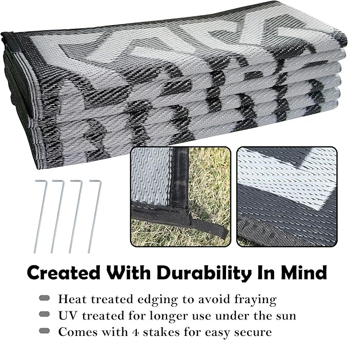 SAND MINE Reversible Mats, Plastic Straw Rug, Modern Area Rug, Large Floor Mat and Rug for Outdoors, RV, Patio, Backyard, Deck, Picnic, Beach, Trailer, Camping (9' x 12', Black & Grey)
