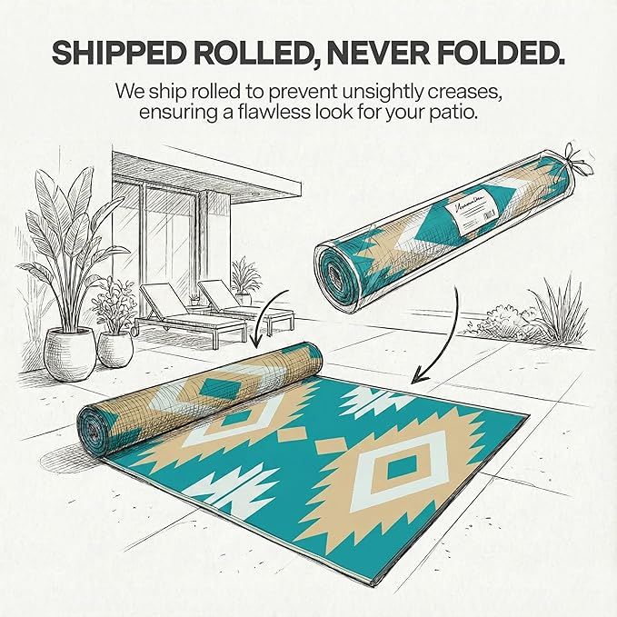 FH Home Outdoor Rug - Waterproof, Fade Resistant, Reversible - Premium Recycled Plastic - Geometric - Porch, Deck, Balcony, Mudroom, Laundry Room, Patio - Bursa Kilim - Teal Crease Free - 3 x 5 ft