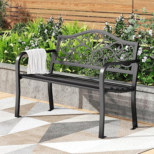 PHI VILLA 43 Inch Cast Iron Steel Frame Outdoor Garden Bench, Patio Furniture Chair Bench w/Floral Design Backrest, Slatted Seat for Park, Yard, Porch - Black