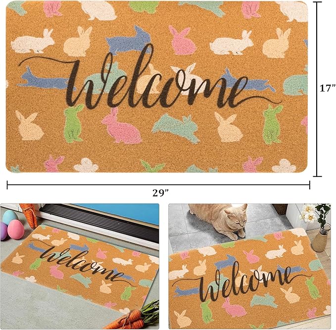 Easter Bunny Welcome Doormat Outdoor Entrance, Spring Cute Rabbit Decor Porch Front Door Mat Outside, 17"X30" Faux-Coir Seasonal Bunny-Rug, Non-Slip Dirt-Trapping for Outside Home Garden Farm