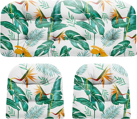 Wicker Chair Cushions, Waterproof Outdoor Loveseat Cushions for Patio Furniture, Tufted Wicker Furniture Cushions, 1 Loveseat and 2 U-Shaped Cushions (Yellow Leaf)