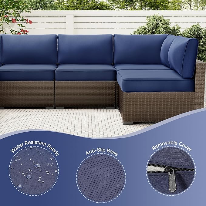 SUNCOZE 14-Piece Outdoor Cushions for Patio Furniture, 25.6"x25.6" Couch Cushion Replacement Designed for 6-Seat Sectional Sofa Sets, Anti-Slip Patio Cushions for Garden, Backyard, Porch (Blue)