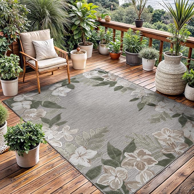 Outdoor Rug 6x9 Washable Area Rugs Indoor Outdoor Carpets Green Border Floral Non Shedding Waterproof Easy Clean Patio Deck Porch Living Room Bedroom Garden RV (6 X 9 Green)