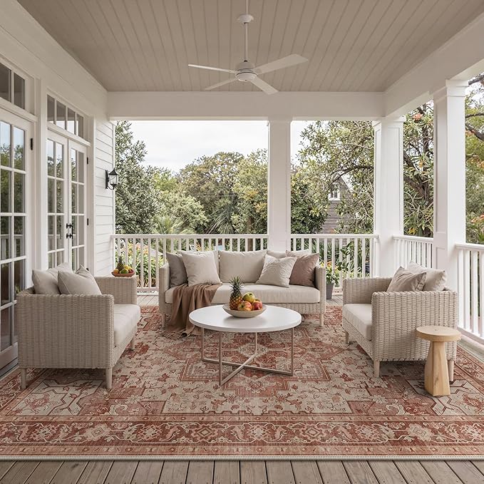 GENIMO Outdoor & Indoor Area Rug 10'x14', Waterproof, Non-Shedding, Easy Cleaning, Boho Mat for Patio, Living Room, Balcony, Dining Room, RV, Deck, Bedroom, Camping, Outside Carpet,Brown Red