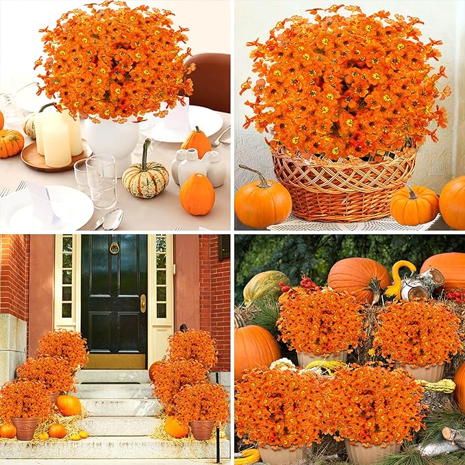 16 Bundles Artificial Mums for Outdoors Garden Home Decoration Fake Mums Decoration UV Resistant Fake Mums Silk Faux Flower Plastic Plants for Outside No Fade Fall Decor for Front Porch Pot Decor