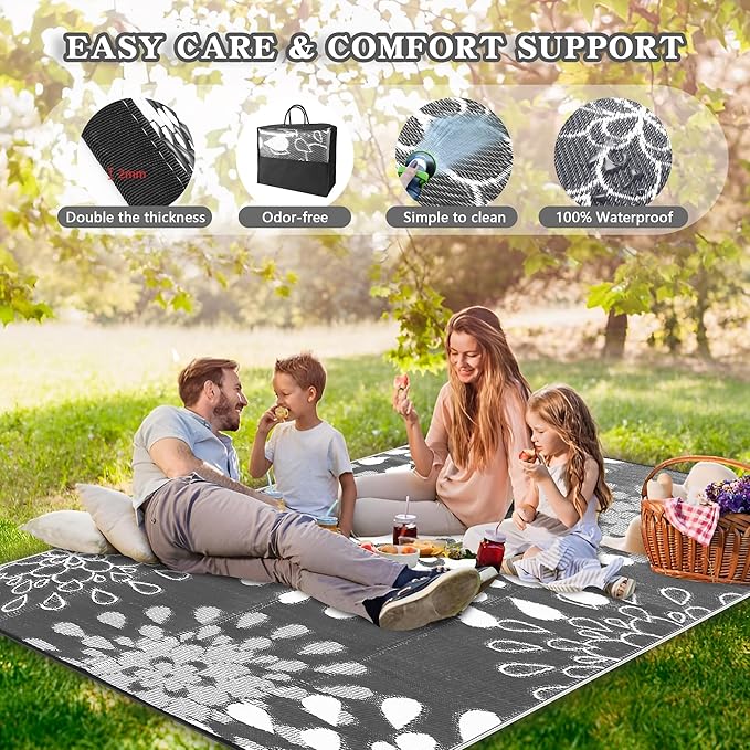 Wallona Outdoor Rugs 8x10 ft Patio Waterproof Clearance Indoor Outdoor Large Carpet for Patio Plastic Straw Reversible Area Rugs Mat for RV, Camping, Balcony, Picnic, Porch, Flower Grey & White