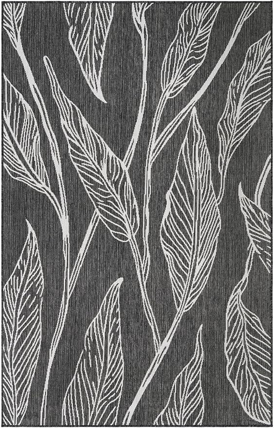 Unique Loom Outdoor Botanical Collection Area Rug - Leaf (5' 3" x 8' Rectangle, Ivory Charcoal)