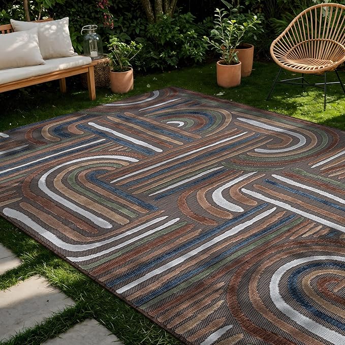 CAMILSON Indoor Outdoor Rug, Brown 9x12 Geometric Arch Striped Large Area Rugs for Patio and Home Areas, Easy-Cleaning Non-Shedding Living Room, Garden and Deck Washable Outside Carpet (9 x 12)