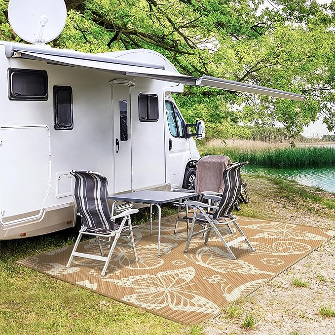 GENIMO Outdoor Rug 6' x 9' Waterproof for Patio Clearance, Reversible Plastic Straw Camping Carpet, Lightweight Mats for Rv, Camper, Deck, Porch, Picnic, Beach, Balcony, G.Brown & Beige