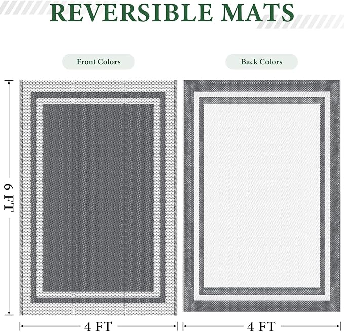 HappyTrends,Outdoor Rug,Patio Rug,Reversible Portable Outdoor Plastic Straw Rug,Camping Rugs for Outside RV,Large Waterproof Area Rugs for Patio,Deck,Picnic,Porch,Balcony(4'x 6',White&Gray)