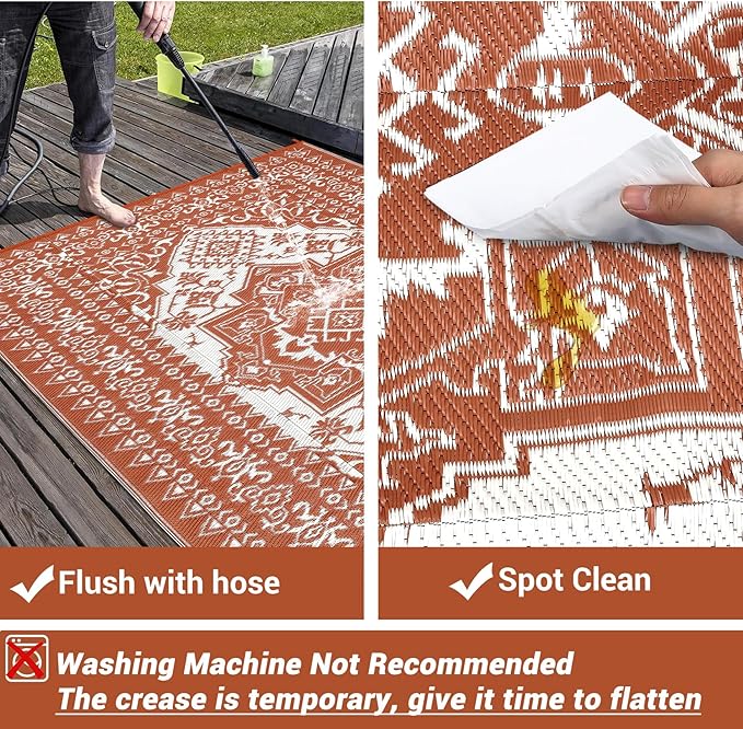 COZYLOOM Outdoor Patio Rug 8x10 Waterproof Reversible Plastic Straw Mat, Large Vintage Medallion Boho Area Rug Indoor Outdoor Rugs for Deck, Balcony, Pool, Camping, Beach, Picnic, Porch, RV