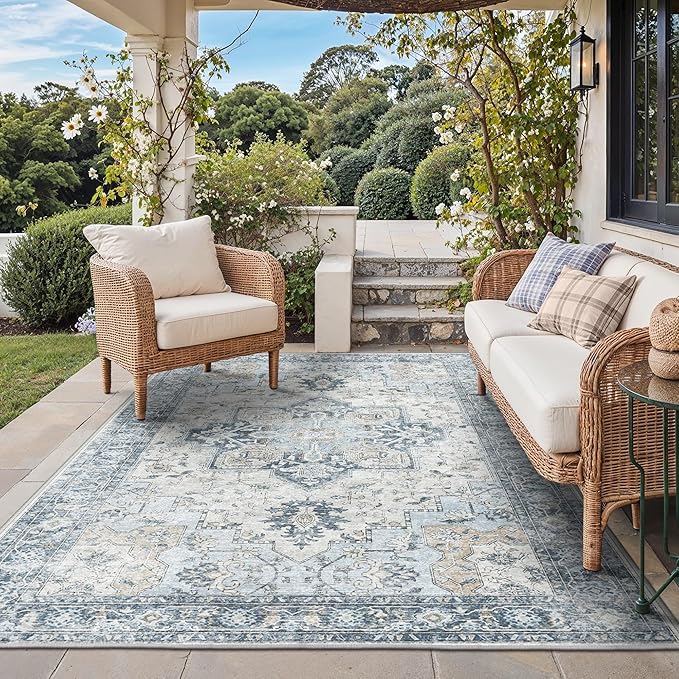 GENIMO Outdoor & Indoor Area Rug 4'x6', Waterproof, Non-Shedding, Easy Cleaning, Boho Mat for Patio, Living Room, Balcony, Dining Room, RV, Deck, Bedroom, Camping, Outside Carpet,Blue