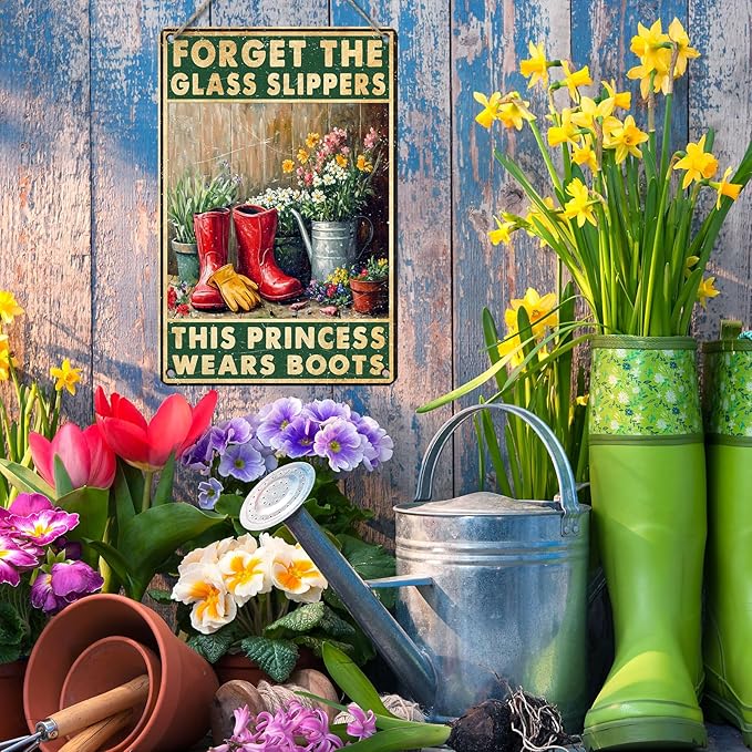 PEACHGARDEN Funny Garden Signs Metal Tin Sign Forget The Glass Slippers This Princess Wears Boots Poster Garden Wall Decor for Outdoor Yard Patio Greenhouse 8x12inch