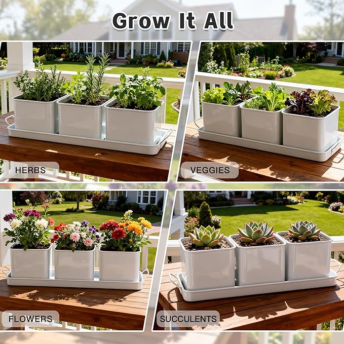Indoor Herb Garden, Herb Planter Set with Handled Tray, 3 Iron Indoor Plant Pots with Drainage Holes, Windowsill Planter with Customizable Labels, Marker Pen, 10 Plant Labels, Window Pots, White