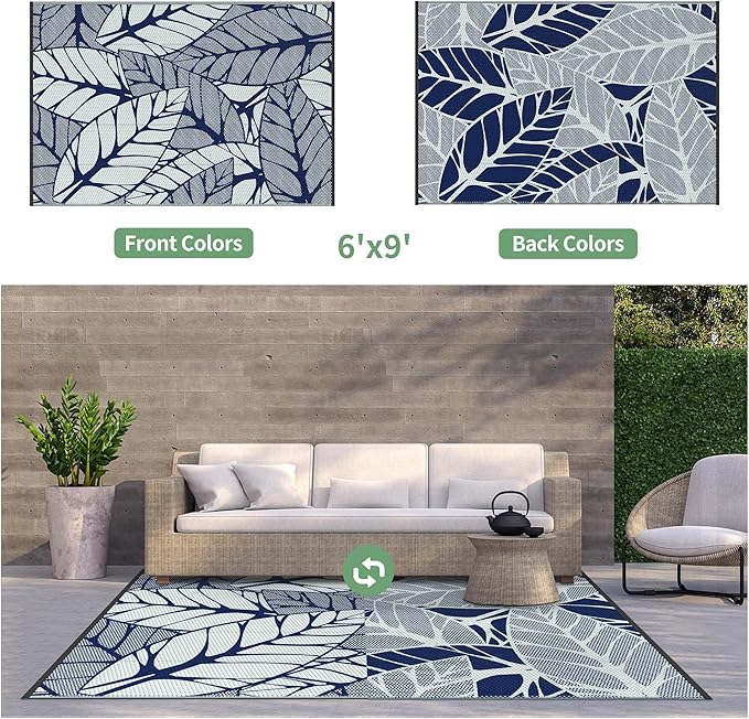 GENIMO Outdoor Rug 6' x 9' Waterproof for Patio Clearance, Reversible Plastic Straw Camping Carpet, Lightweight Mat for Rv, Camper, Deck, Porch, Picnic, Balcony, Beach, F.Blue & White