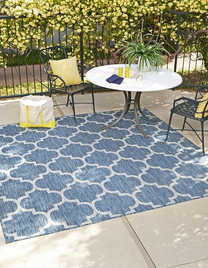 Unique Loom Outdoor Trellis Collection Area Rug (5' Square Navy Blue/Ivory)