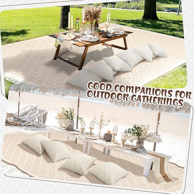 Extra Large Outdoor Boho Picnic Blanket 181'' x 71'' Beige White Table Runner 6 Throw Pillow Cover Woven Cotton Yarn Oversize Beach Blanket Washable for Picnic Camp Wedding