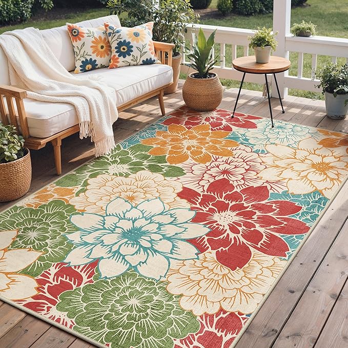 GENIMO Indoor Outdoor Area Rug 6'x9', Machine Washable Rugs for Patio, Waterproof, Non-Slip Easy Cleaning Floral Outdoor Mat Carpet for Living Room, Bedroom, RV, Balcony, Deck, Camping, Red