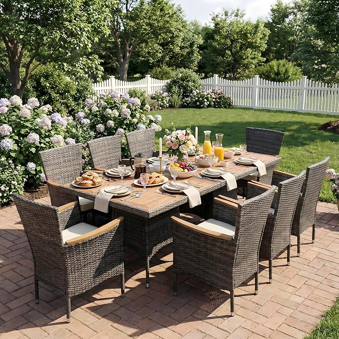 Wisteria Lane 10-Pieces Outdoor Patio Table and Chairs, Rattan Patio Table Set with Acacia Wood Tabletop, Patio Dining Furniture Set for 8 with Removable Cushions for Deck Garden Backyard, Grey