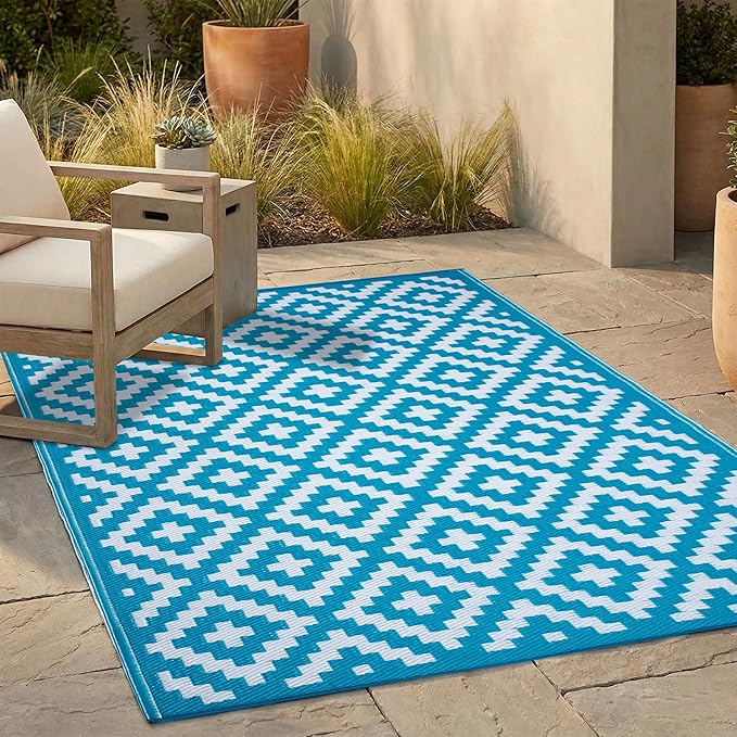 FH Home Outdoor Rug - Waterproof, Fade Resistant, Reversible - Premium Recycled Plastic - Geometric - Patio, Porch, Deck, Balcony - Aztec - Teal & White Crease Free - 5 x 8 ft