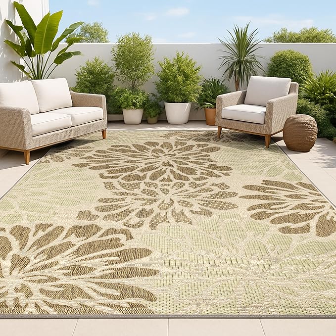 JONATHAN Y Floral Textured Weave Indoor Outdoor Area Rug 6X9 Sage/Brown, Zinnia Modern for Backyard, Patio, Porch, Easy-Cleaning, High Traffic, Pet-Friendly, Non-Shedding (SMB110A-6)