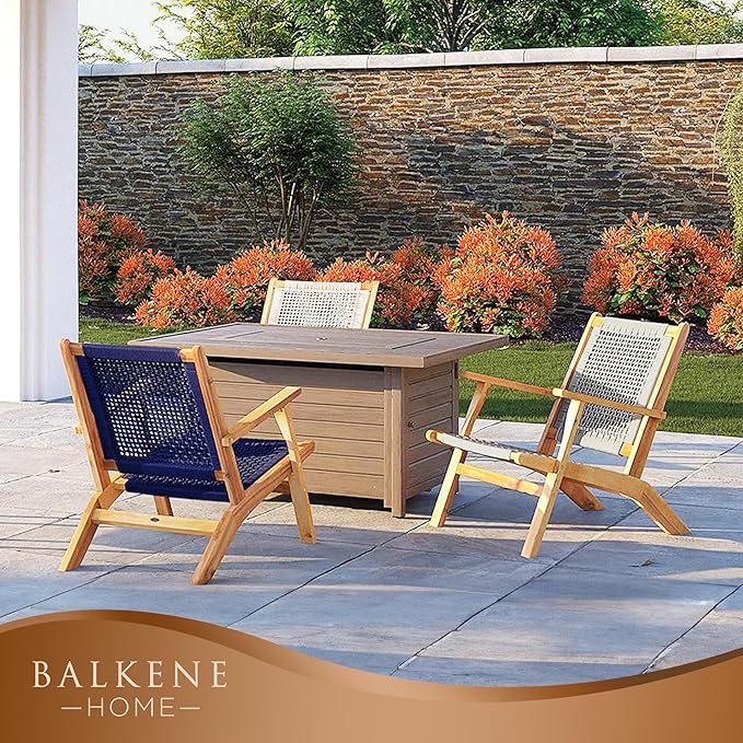 Balkene Home 63634 Vega Natural Stain Outdoor Chair Acacia Wood Construction Woven Web Seat Mid Century Design Comfortable Reclining Armchair Patio Lawn Garden Backyard Deck - Navy Blue Cording