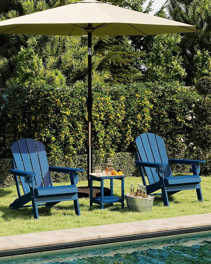 GREENVINES Folding-Adirondack-Chairs-Set-of-4 | HDPE Plastic | Fire Pit Chair | All Weather | Cup Holder | Blue | for Deck Backyard Patio Outdoor Garden