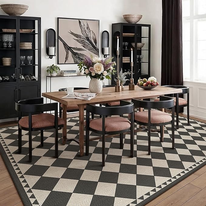 HUGEAR 6x9 Outdoor Rug Black/Beige Linen-Look Fabric Checkered Area Rug High Traffic Stain Resistant Easy Clean Durable Rugs for Indoor/Outdoor Patio Deck Balcony Porch Garden Courtyard