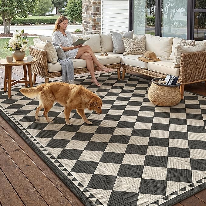 HUGEAR 8x10 Outdoor Rug Black/Beige Linen-Look Fabric Checkered Area Rug High Traffic Stain Resistant Easy Clean Durable Rugs for Indoor/Outdoor Patio Deck Balcony Porch Garden Courtyard