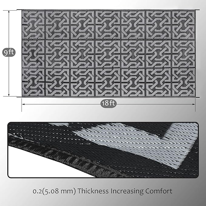 SAND MINE Reversible Mats, Plastic Straw Rug, Modern Area Rug, Large Floor Mat Rug for Outdoors, RV, Patio, Backyard, Deck, Picnic, Beach, Trailer, Camping (9' x 18', Black & Grey)