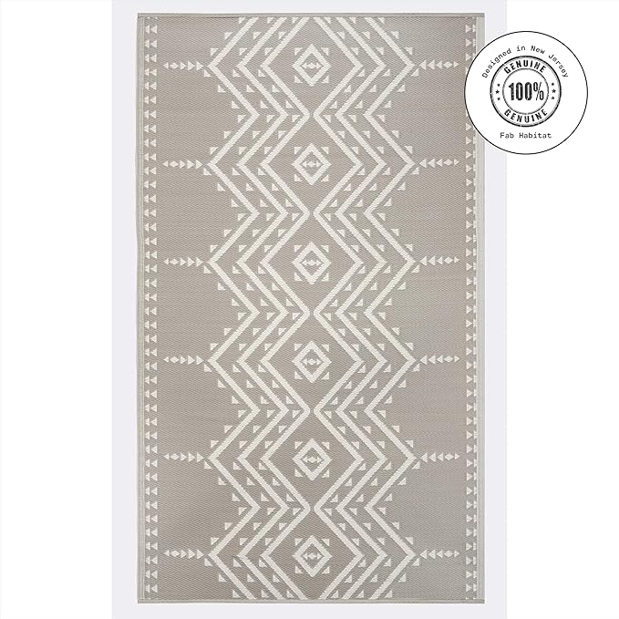 Fab Habitat Aztec Outdoor Rug - Waterproof, Fade Resistant, Crease-Free - Premium Recycled Plastic - Striped - Patio, Porch, Deck, Balcony - Ojai - Beige - 5 x 8 ft