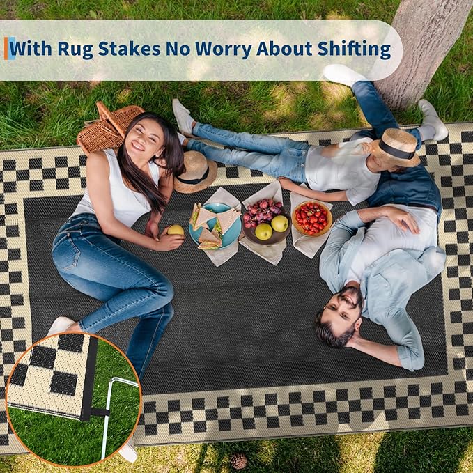 Garvee Outdoor Waterproof Rug 9x18 Large Modern Neutral Outdoor Patio Rugs, Reversible Fade-Proof & Weather Resistant Large Area Rug Mats for Rv Deck Porch Picnic Beach Balcony, Black & Beige