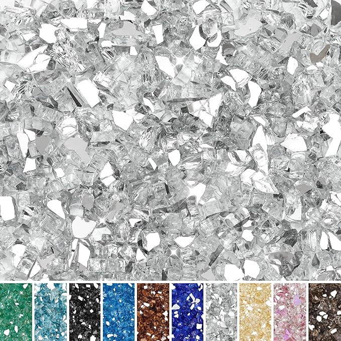 Skyflame 15LB Fire Pit Glass, High Luster Tempered Fire Glass Pellets for Fire Pit Table and Fire Bowl, 1/2-Inch Platinum