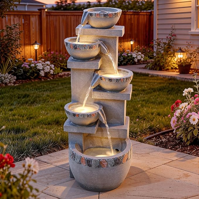 33" H 4-Tier Fountain Outdoor, Modern Resin Pebble Tabletop Water Feature Outdoor with LED Lights, Soothing Cascading Waterfall for Patio, Backyard, Garden or Porch