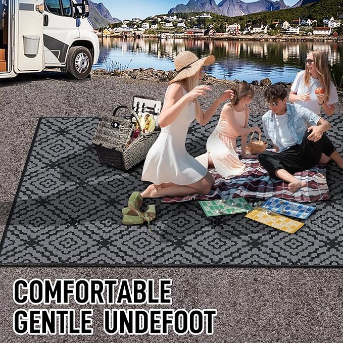 GOTGELIF Outdoor Camping Rug Waterproof 9x18FT, Large Reversible Stain&UV Resistant Plastic Straw RV Rug for Outside Patio Pool Deck Beach Indoor, Area Carpet Mat with Portable Bag&4 Stakes-Black Grey