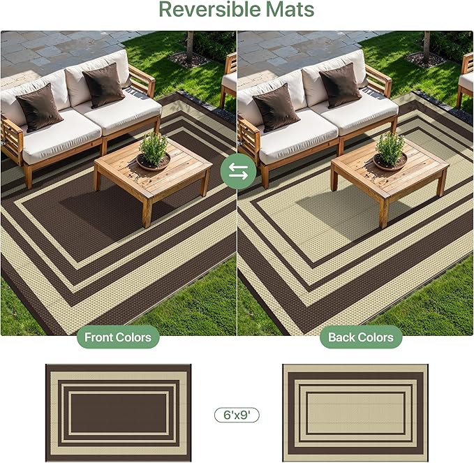 GENIMO 6' x 9' Outdoor Rug Waterproof for Patio Decor, Reversible Plastic Straw Area Rugs Mat for Camper, Outside Carpet for Rv, Deck, Porch, Picnic, Balcony, Mix-Coffee & Beige