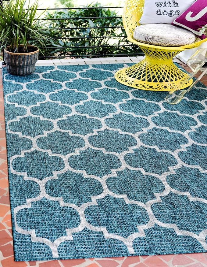 Unique Loom Outdoor Trellis Collection Area Rug (7' 10" x 10' Rectangle Teal/Gray)