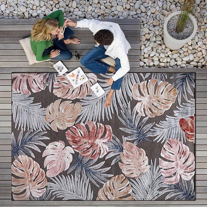 CAMILSON Indoor Outdoor Rug, Brown 5x7 Leaf Tropical Botanical Area Rugs for Indoor and Outdoor patios, Easy-Cleaning Non-Shedding Living Room, Garden and Kitchen Washable Outside Carpet (5 x 7)