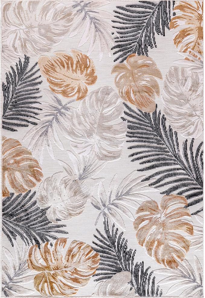 CAMILSON Indoor Outdoor Rug, Yellow 5x7 Leaf Tropical Botanical Area Rugs for Indoor and Outdoor patios, Easy-Cleaning Non-Shedding Living Room, Garden and Kitchen Washable Outside Carpet (5 x 7)