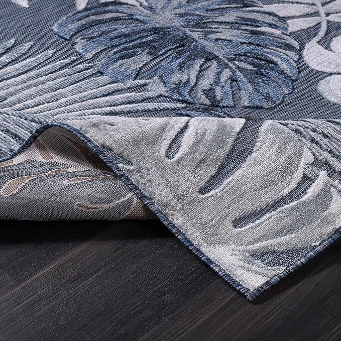 CAMILSON Indoor Outdoor Rug Navy Blue 5x7 Leaf Tropical Botanical Area Rugs for Indoor and Outdoor patios, Easy-Cleaning Non-Shedding Living Room Garden and Kitchen Washable Outside Carpet (5 x 7)
