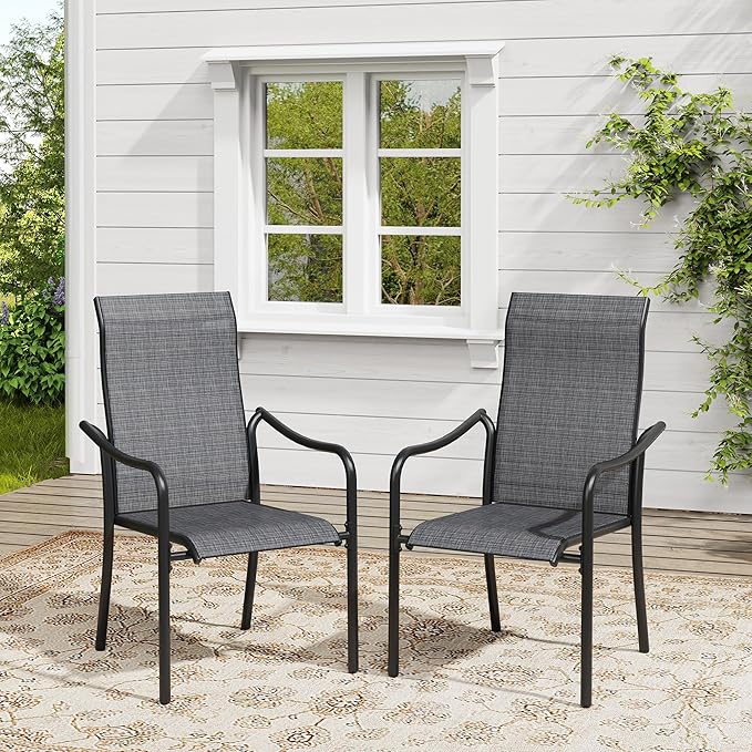 VICLLAX Patio Stackable Dining Chairs Set of 2, Outdoor Sling Chairs with Breathable Fabric and High Back for Balcony Porch Backyard, Dark Grey
