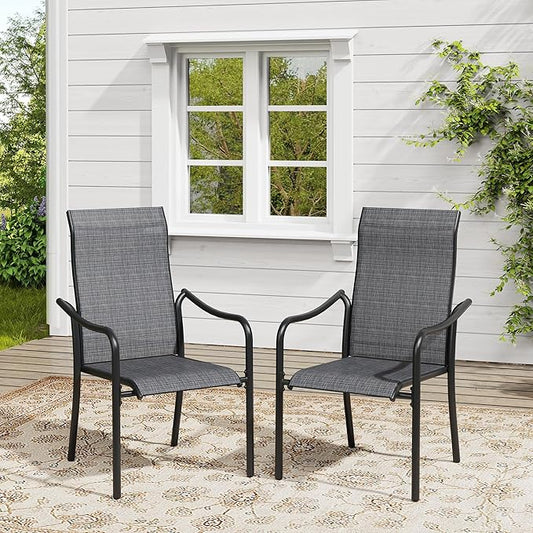 VICLLAX Patio Stackable Dining Chairs Set of 2, Outdoor Sling Chairs with Breathable Fabric and High Back for Balcony Porch Backyard, Dark Grey