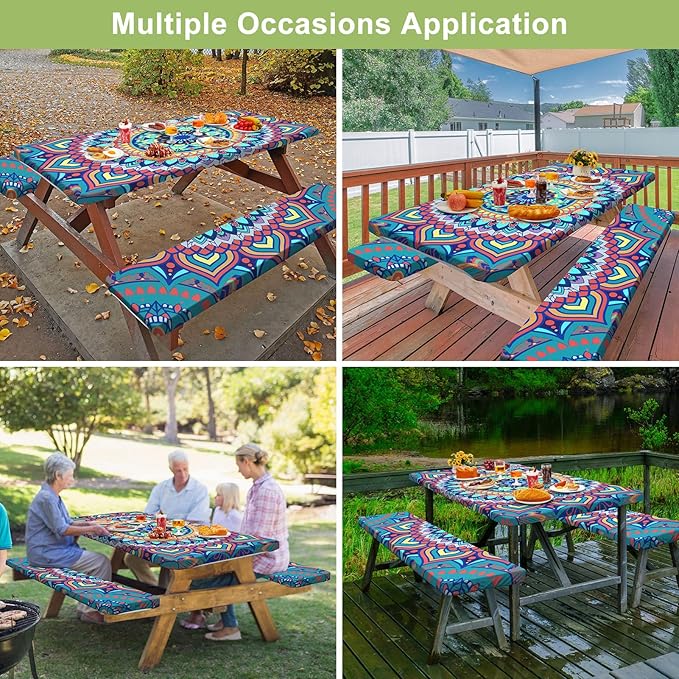 Picnic Table Cover with Bench Covers 6FT 3 Pcs Waterproof Windproof Aesthetic Camping Tablecloth with Drawstring Bag, Fitted for 6 Foot Rectangle Tables and Seats, 72 inch, Yellow Blue Orange