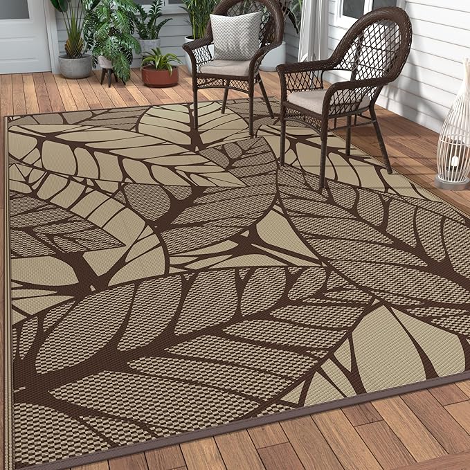 GENIMO Outdoor Rug 6' x 9' Waterproof for Patio Clearance, Reversible Plastic Straw Camping Carpet, Lightweight Mat for Rv, Camper, Deck, Porch, Picnic, Balcony, Beach, F.Coffee & Beige