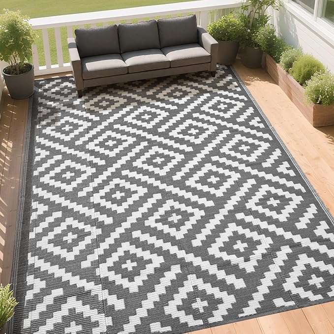 RURALITY Outdoor Rugs 5x8 Feet for Patios Clearance,Plastic Straw Waterproof Mats for Backyard,Porch,Deck,Balcony,Grey&White