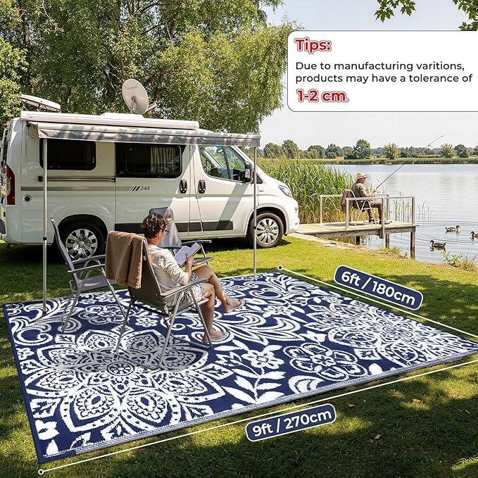 Findosom Waterproof Outdoor Rug 6' x 9' - Reversible Mandala Outdoor Plastic Straw Rug, Durable Foldable Patio Rug for RV, Deck, Balcony, Backyard, Picnic, Porch, Camping, Beach, Navy